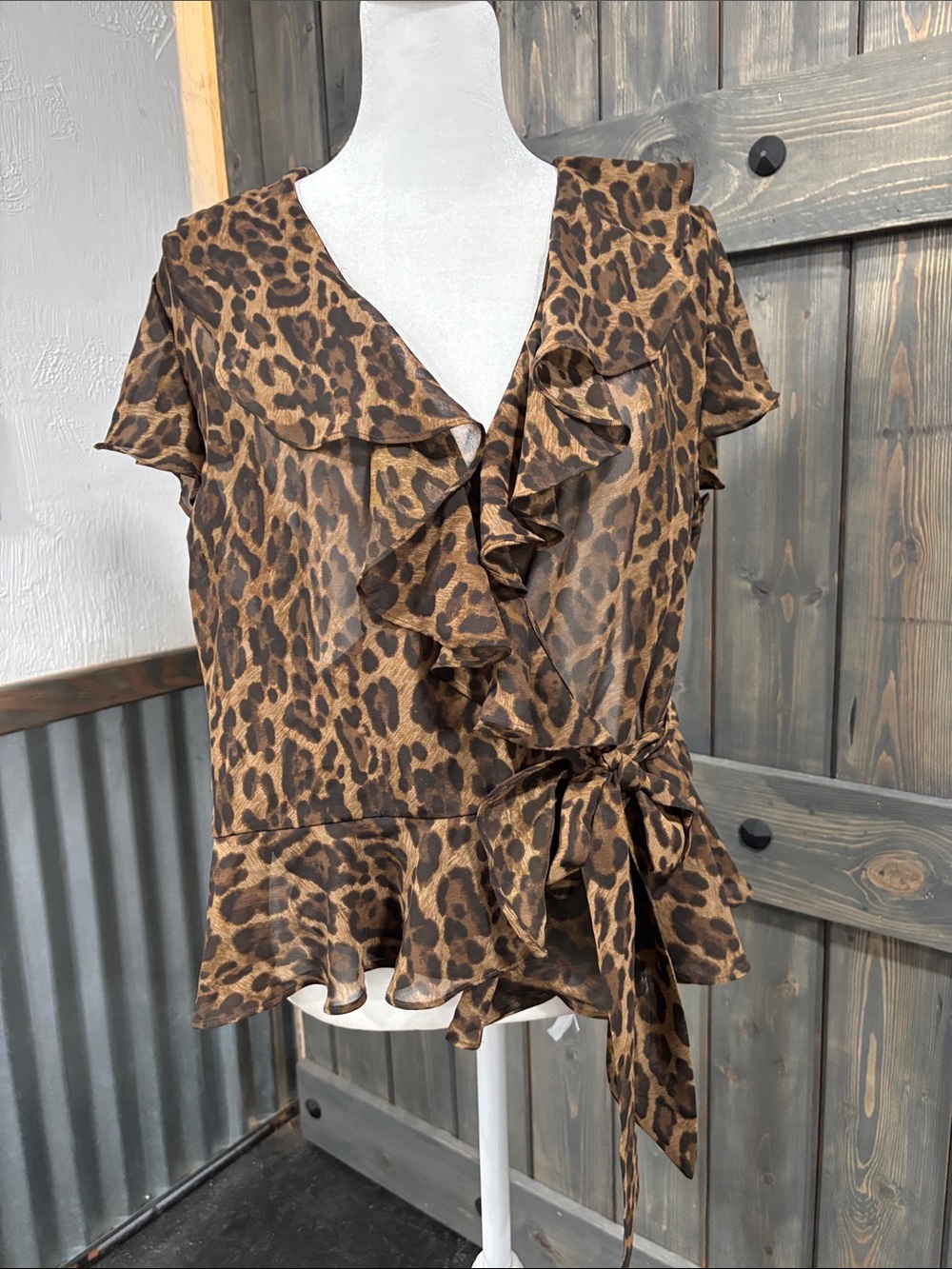 American Living Leopard Print Ruffle Wrap Top - Brown